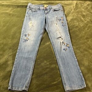 Distressed Floral Embroidered Blue Denim Skinny Jeans